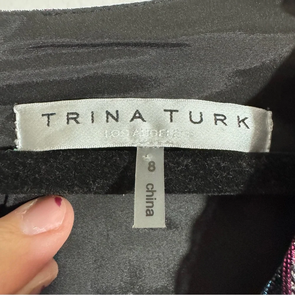 Trina Turk Metallic Pleated V Neck Mini Dress Long Sleeve Size 8